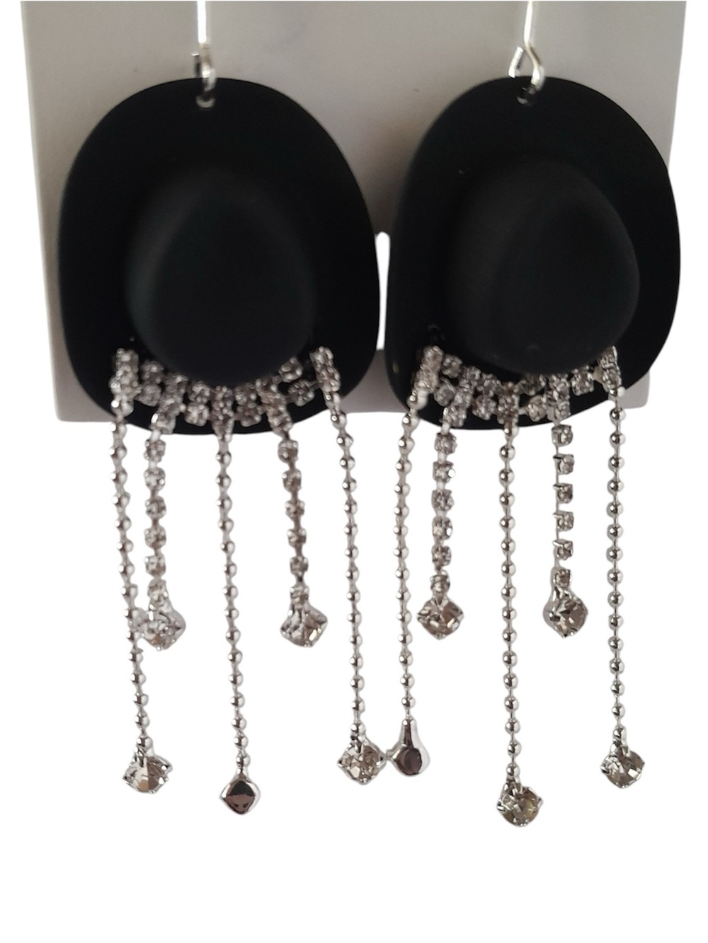 Cowboy Hat Crystal Rhinestone Fringe Dangle Earrings - Picture 5 of 7